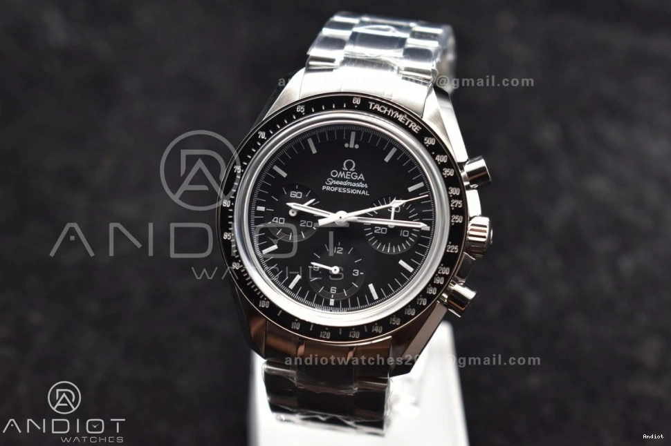 Speedmaster Movement Sapphire Back Crystal Winding OMF Transparent with Manual SS Chrono SS on Dial Black Bracelet MoonWatch 0106